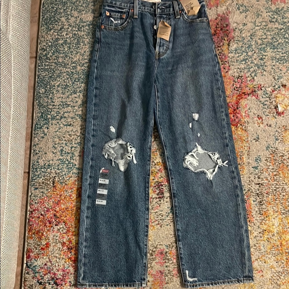 Levi's Blue Straight Leg Jeans with Distressed Details